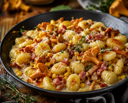 Gnocchis crémeux à la chanterelle, aux lardons et au maïs